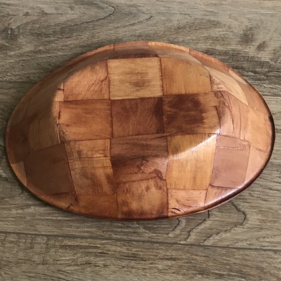 Vintage Oval Woven Parquet Wooden serving Salad Bowl, 12” Long retro mcm - Picture 3 of 6